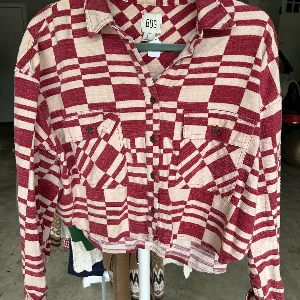 Urban Outfitters Cropped Red and Cream Plaid Shacket